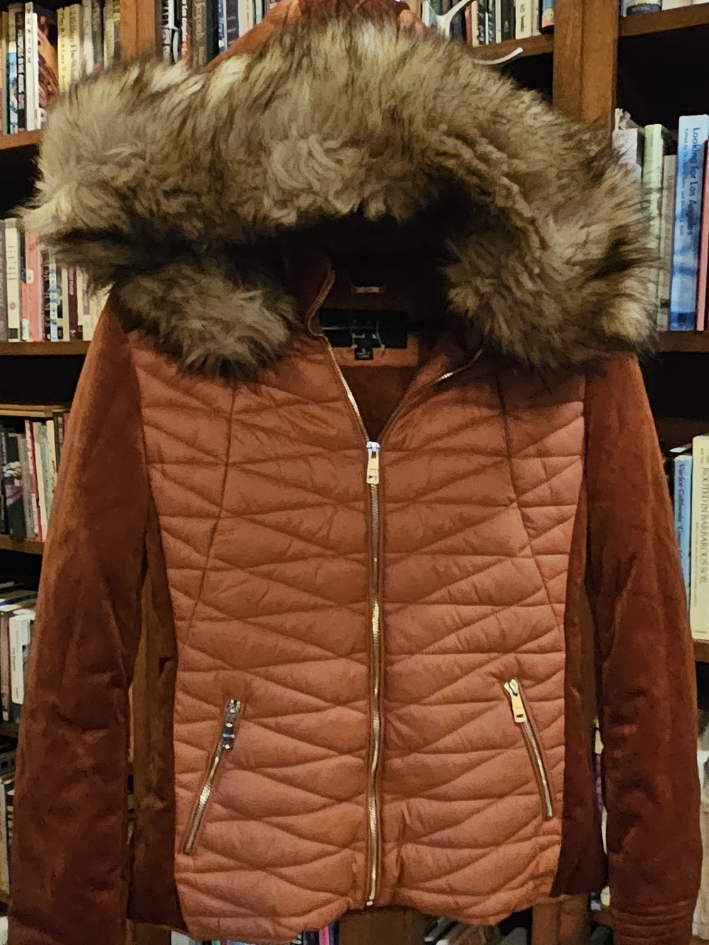 Rust Quilted Puffer Jacket with Faux-Fur Hood
